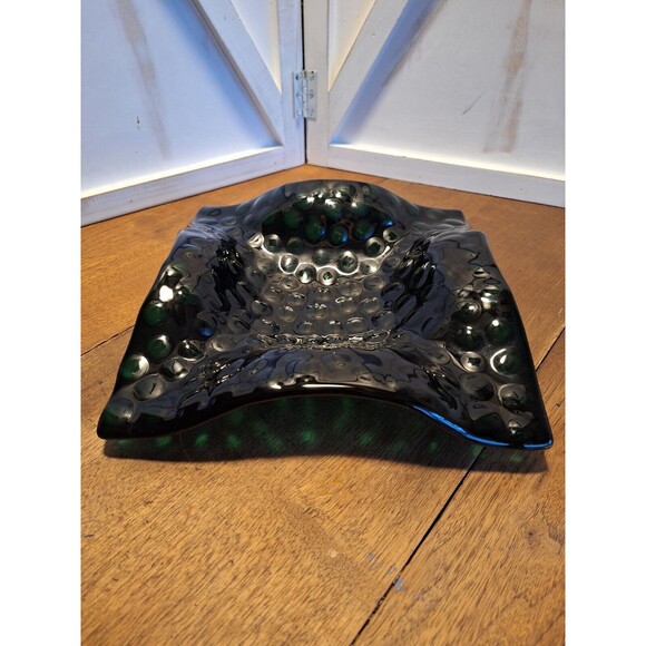 Fused Art Glass Plate/Bowl Ruffled Edges Deep Dark Green Dimpled Dots 10"X 10" - Picture 7 of 16